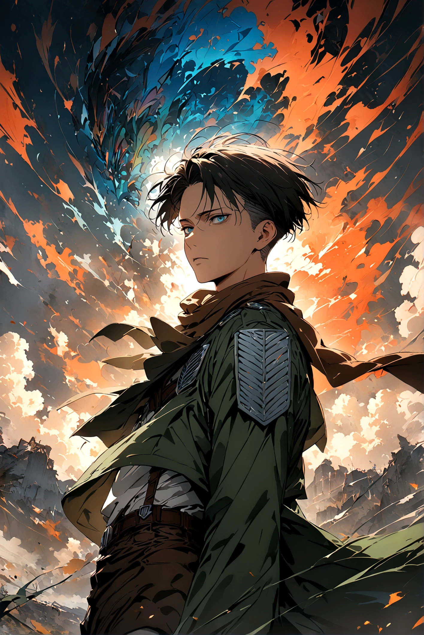 1 male,Levi Ackerman,Attack on Titan,,Intricate details,Wide range of colors,artwork,rendering,(masterpiece:1.3),(Highest quality:1.4),(Very detailedな:1.5),High resolution,Very detailed,unity 8k wallpaper,Decadent,Wind,Creates a smooth design