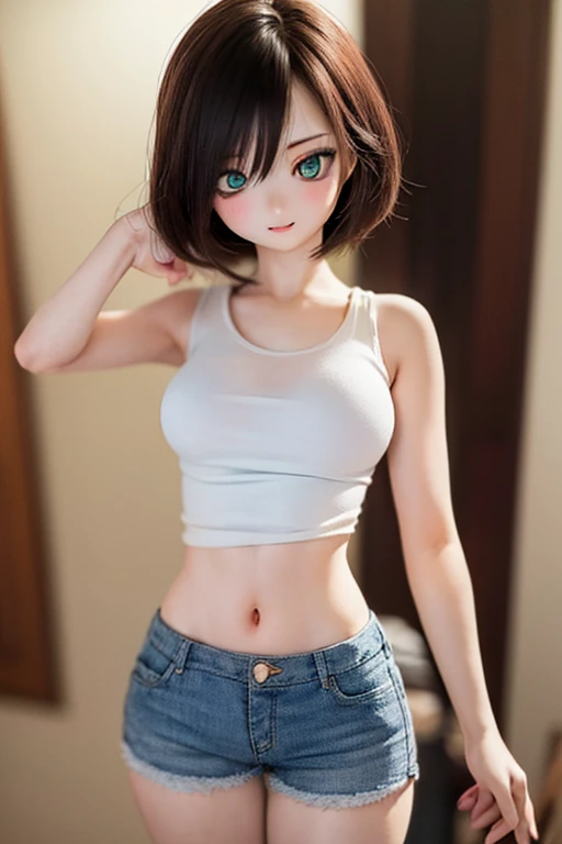 one-girl，White transparent lace top，Beautiful face，18yr old，Brunette masterpiece，Brightens skin，Cute bangs，Long skin-revealing hair，Mini shorts，Dynamic light and shadow，tmasterpiece，realisticlying，The eyes are delicate，pupil realistic,(smallunderboob:1.2),(Thigh thick:1.0)