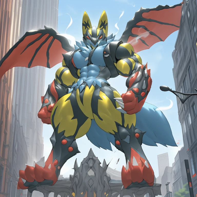 (Solo. masterpiece. official art. 8k. best quality. detailed full body. full body.)
(situation 1 : dominating Shiny_Mega_Lucario. Shiny_Mega_Lucario is over 1000 meters long. focus GIANT mechanical Muscular Shiny_Mega_Lucario is trampling the city. Looking down. macro. stomp. Low-angle perspective. emphasizing the immense size. He is much bigger than a skyscraper. Giga Giants. looking down. foot focus, (soles:1.2))
(situation 2 :smoke and flames rising from the destruction in the city)
(Additional details 1: wearing a full-face helmet. golden armor. high-tech bio-mecha armor. real texture material. whole body shines like metal. emphasizes the muscles. suit fully made of metal. intricate armor. Robotic suit. suit fully made of metal.).
(Additional details 2: (Detailed head. Detailed Body. Detailed abs. gigantic muscles. HYPER MUSCLES. Gigachad Muscular. big muscle. pecs. triceps. traps. unusually developed muscular body. body full of huge muscles. showing off muscles. pectorales enormes. Exaggeratedly huge muscles. huge muscles. long legs. abs.).
(Additional details 3: Spread wings. It has wings. have big wings. The claws are sharp. Sharp teeth.).
