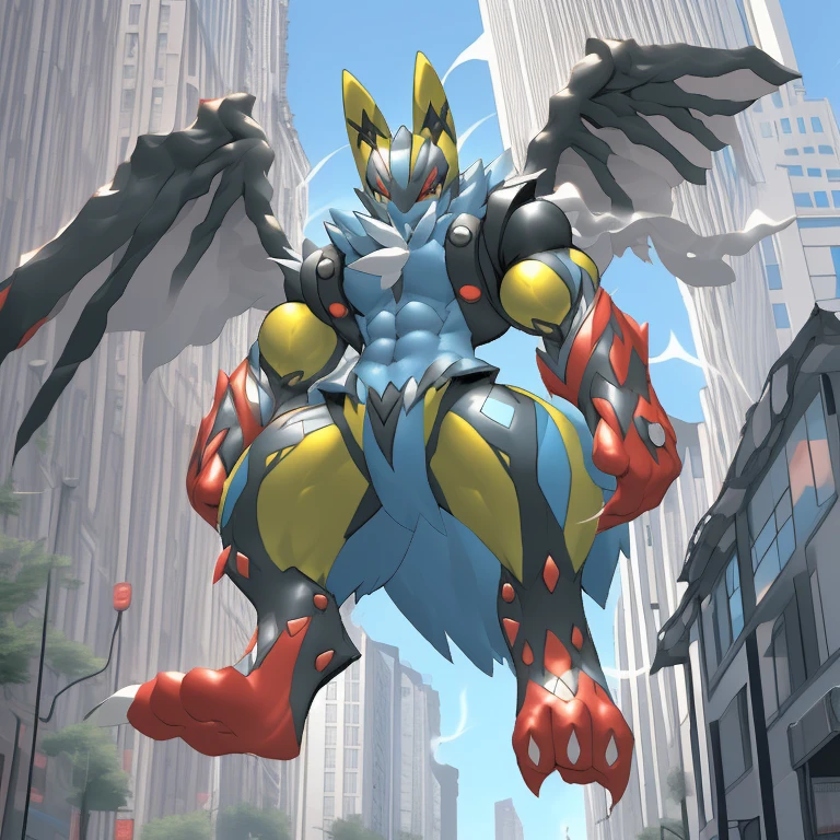 (Solo. masterpiece. official art. 8k. best quality. detailed full body. full body.)
(situation 1 : dominating Shiny_Mega_Lucario. Shiny_Mega_Lucario is over 1000 meters long. focus GIANT mechanical Muscular Shiny_Mega_Lucario is trampling the city. Looking down. macro. stomp. Low-angle perspective. emphasizing the immense size. He is much bigger than a skyscraper. Giga Giants. looking down. foot focus, (soles:1.2))
(situation 2 :smoke and flames rising from the destruction in the city)
(Additional details 1: wearing a full-face helmet. golden armor. high-tech bio-mecha armor. real texture material. whole body shines like metal. emphasizes the muscles. suit fully made of metal. intricate armor. Robotic suit. suit fully made of metal.).
(Additional details 2: (Detailed head. Detailed Body. Detailed abs. gigantic muscles. HYPER MUSCLES. Gigachad Muscular. big muscle. pecs. triceps. traps. unusually developed muscular body. body full of huge muscles. showing off muscles. pectorales enormes. Exaggeratedly huge muscles. huge muscles. long legs. abs.).
(Additional details 3: Spread wings. It has wings. have big wings. The claws are sharp. Sharp teeth.).