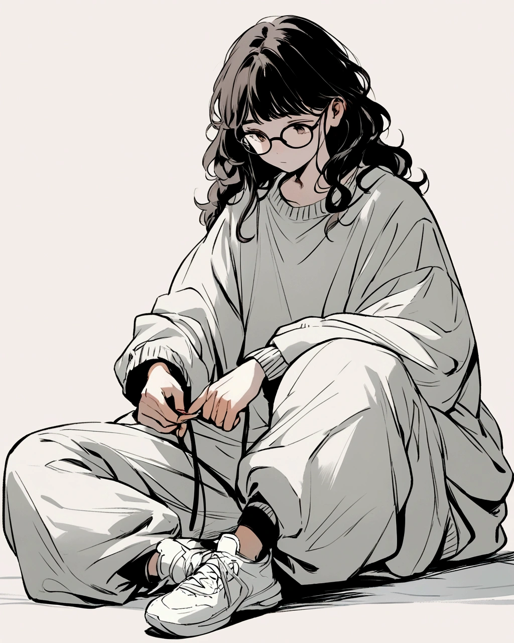 A digital illustration of a young boy with long, wavy hair, wearing glasses. He is dressed in a loose, oversized sweater and baggy pants, both in neutral tones. The boy is sitting on the ground with his legs folded, and he is tying the laces of his white sneakers. The background is plain and minimalistic, enhancing the focus on the character. The overall style is soft and slightly muted, giving the image a calm and introspective feel.