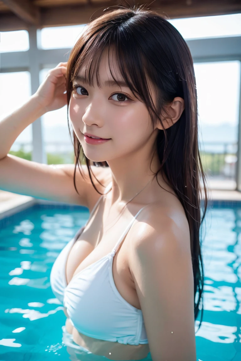 ((スポーツSwimwear:1.3)), Swimwear, Skin color, big , smile, (8K, RAW Photos, Highest quality, masterpiece:1.2), masterpiece, super detailed, super high quality, (Realistic and photorealistic photography:1. 37), High-resolution RAW color photos, Very delicate and beautiful, highly detailed, 8K壁紙, wonderful, detailed, Very eye, very detailed, very detailed skin, very thin fingers, very detailed nose, very detailed mouth, Perfect Anatomy, Upper Body, swimming, Transparency, tiny Swimwear, Nogizaka idol, Korean Idol, idol carving'Temporarily stop, 18-year-old, cheap, Cafe, restaurant, Italy, deer, Australia, break ((Upward glance)), ((angle From above: 1. 3)), From above, Looking into the camera,