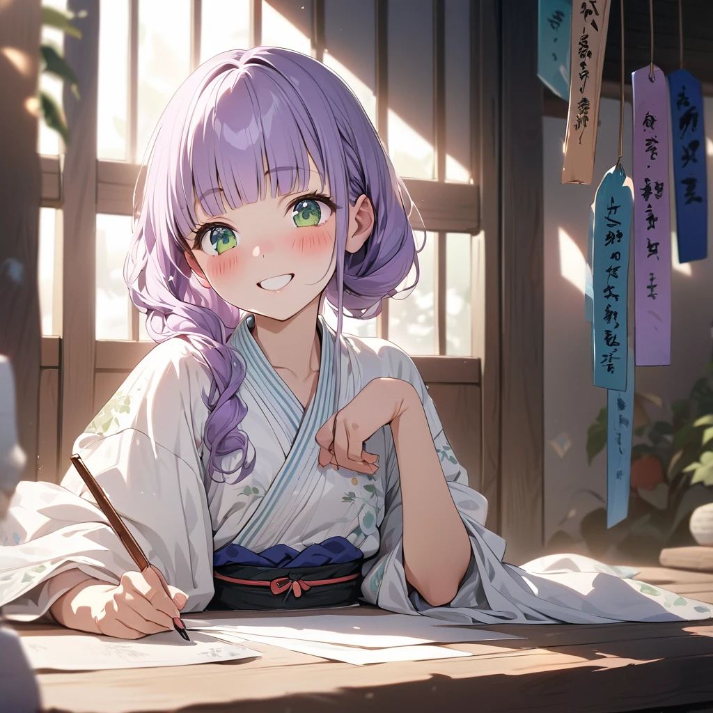 masterpiece, ultra detailed, 8K, a girl, kawaii, light atmosphere, (Cute a tsundere girl:1.5), anime visual, (tilt head:1.3), extremely delicate face, realistic lighting and shading, (an extremely delicate and beautiful art:1.3), a girl,blush,Japanese-style white colored yukata, cowboy shot, pale purple hair, blunt bangs hair, green eyes, indigo-colored Oshima Tsumugi, smiling ,laughing, Writing words with a brush on a strip of paper for the Tanabata Festival. Sitting upright.