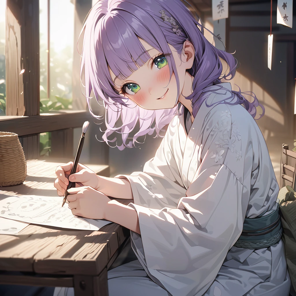 masterpiece, ultra detailed, 8K, a girl, kawaii, light atmosphere, (Cute a tsundere girl:1.5), anime visual, (tilt head:1.3), extremely delicate face, realistic lighting and shading, (an extremely delicate and beautiful art:1.3), a girl,blush,Japanese-style white colored yukata, cowboy shot, pale purple hair, blunt bangs hair, green eyes, indigo-colored Oshima Tsumugi, smiling ,laughing, Writing words with a brush on a strip of paper for the Tanabata Festival. Sitting upright.