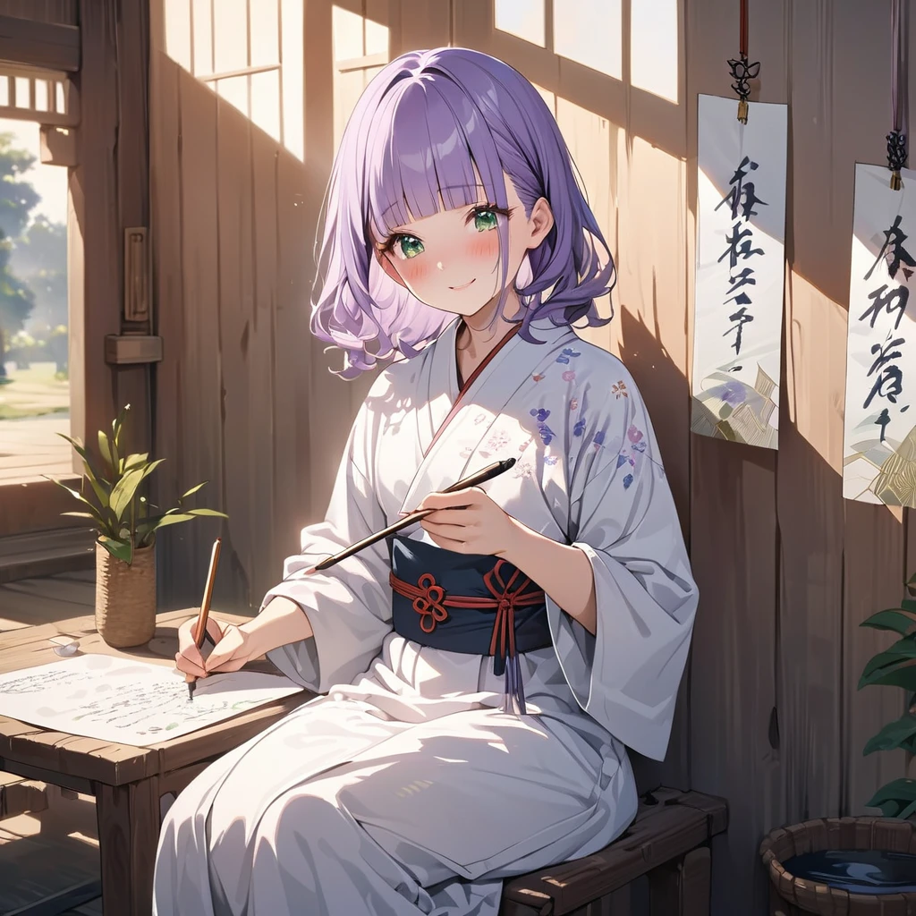 masterpiece, ultra detailed, 8K, a girl, kawaii, light atmosphere, (Cute a tsundere girl:1.5), anime visual, (tilt head:1.3), extremely delicate face, realistic lighting and shading, (an extremely delicate and beautiful art:1.3), a girl,blush,Japanese-style white colored yukata, cowboy shot, pale purple hair, blunt bangs hair, green eyes, indigo-colored Oshima Tsumugi, smiling ,laughing, Writing words with a brush on a strip of paper for the Tanabata Festival. Sitting upright.