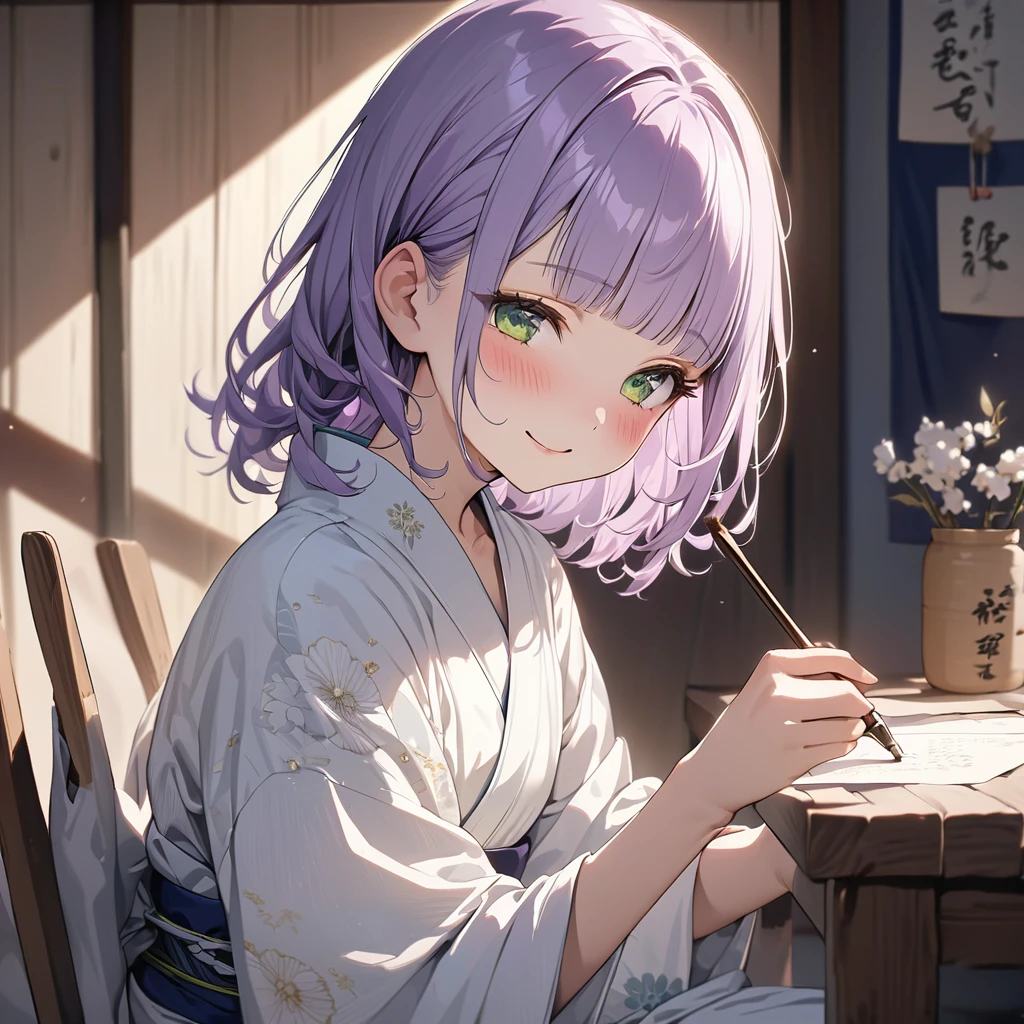 masterpiece, ultra detailed, 8K, a girl, kawaii, light atmosphere, (Cute a tsundere girl:1.5), anime visual, (tilt head:1.3), extremely delicate face, realistic lighting and shading, (an extremely delicate and beautiful art:1.3), a girl,blush,Japanese-style white colored yukata, cowboy shot, pale purple hair, blunt bangs hair, green eyes, indigo-colored Oshima Tsumugi, smiling ,laughing, Writing words with a brush on a strip of paper for the Tanabata Festival. Sitting upright.
