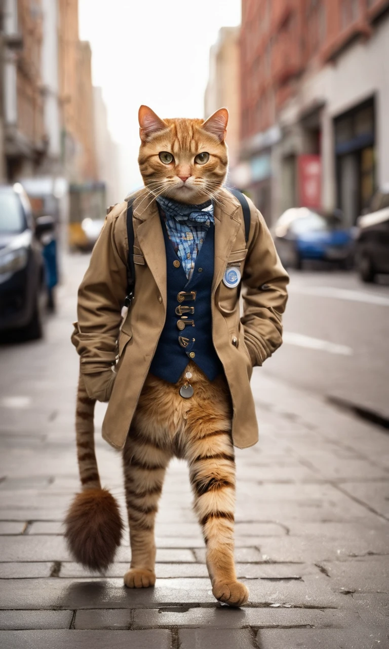 This cat is an astonishing urban explorer. It stands and walks in a unique manner, akin to a professional walker. Clad in sturdy workwear, each step it takes is firm and resolute, as if declaring a challenge to the city. Its boots are its trademark, as it opts for stylish footwear to stand out in the urban landscape. Striding through the bustling city streets, it faces challenges head-on, exuding an air of confidence and courage. This cat is a unique star in the urban setting, attracting numerous onlookers, not just for its distinctive attire but also for its unwavering determination and personality,creating a super cute image that combines style with cuteness,Leonardo Style,detailmaster2