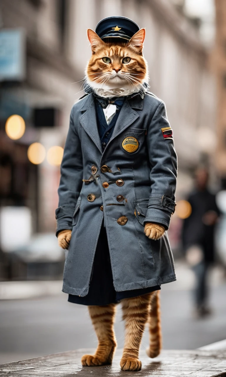 This cat is an astonishing urban explorer. It stands and walks in a unique manner, akin to a professional walker. Clad in sturdy workwear, each step it takes is firm and resolute, as if declaring a challenge to the city. Its boots are its trademark, as it opts for stylish footwear to stand out in the urban landscape. Striding through the bustling city streets, it faces challenges head-on, exuding an air of confidence and courage. This cat is a unique star in the urban setting, attracting numerous onlookers, not just for its distinctive attire but also for its unwavering determination and personality,creating a super cute image that combines style with cuteness,Leonardo Style,detailmaster2