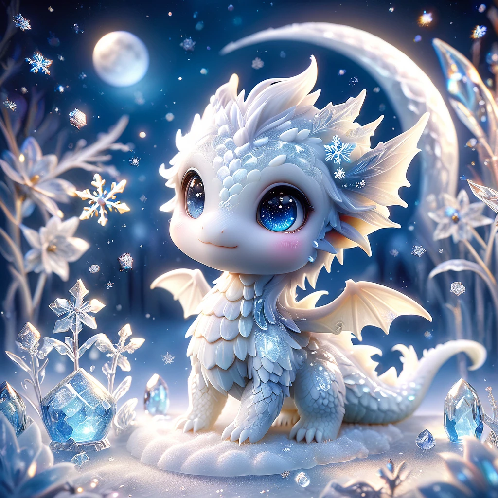 absurdres, highres, ultra detailed, HDR, master piece, best quality, smol white dragon, cute, solo, magic, ice flowers, snowflakes, ice, magical, fantasy, glass, ice moon, starry sky, ice style