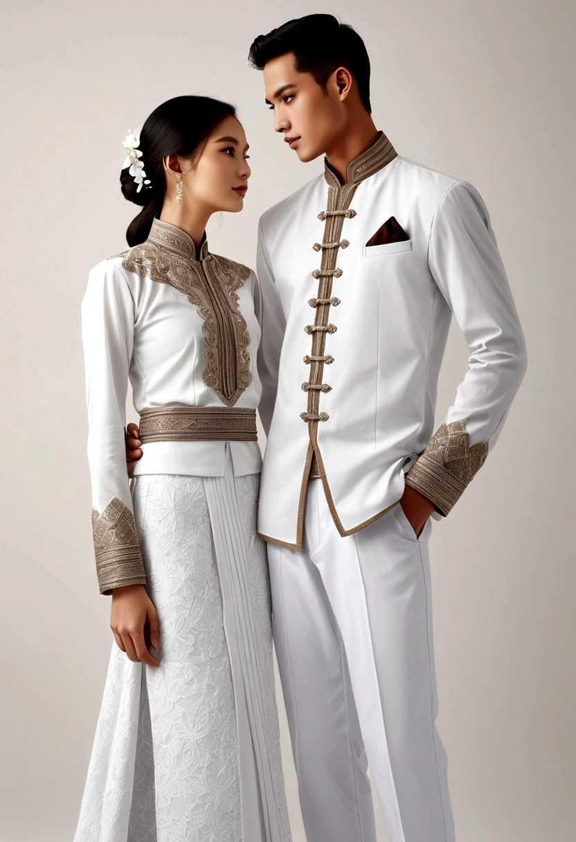 candid fashion illustration of two young man and women, adorned in a meticulously crafted North Thai traditional outfit, stands gracefully against the simple backdrop of Lanna style decoration. Their attire shimmers with intricate embroidery and white accents, each element carefully chosen to reflect the rich Lanna cultural heritage, ((showcase fashion in a Northern Thai Lanna outfits all in white)), in elegant luxury style, The man wears a simple long-sleeved white shirt with minimal details, paired with white Tailor pants, shoes, The woman complements him with white tubular skirt that is handwoven and simple patterns, ankle-length and is wrapped around the waist detail, and A fitted intricately decorated blouse that complements the skirt. Captured in a low angle, ((full-body image)), (full-body pose)), ((white studio background)), realistic color pencil lines, perfect drawing, charcoal lines, fading sketch, quick Sketch, soft light,