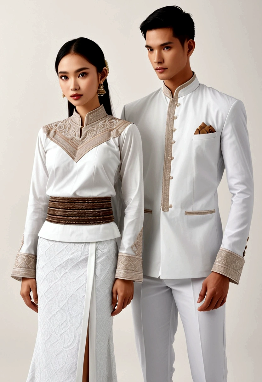 candid fashion illustration of two young man and women, adorned in a meticulously crafted North Thai traditional outfit, stands gracefully against the simple backdrop of Lanna style decoration. Their attire shimmers with intricate embroidery and white accents, each element carefully chosen to reflect the rich Lanna cultural heritage, ((showcase fashion in a Northern Thai Lanna outfits all in white)), in elegant luxury style, The man wears a simple long-sleeved white shirt with minimal details, paired with white Tailor pants, shoes, The woman complements him with white tubular skirt that is handwoven and simple patterns, ankle-length and is wrapped around the waist detail, and A fitted intricately decorated blouse that complements the skirt. Captured in a low angle, ((full-body image)), (full-body pose)), ((white studio background)), realistic color pencil lines, perfect drawing, charcoal lines, fading sketch, quick Sketch, soft light,