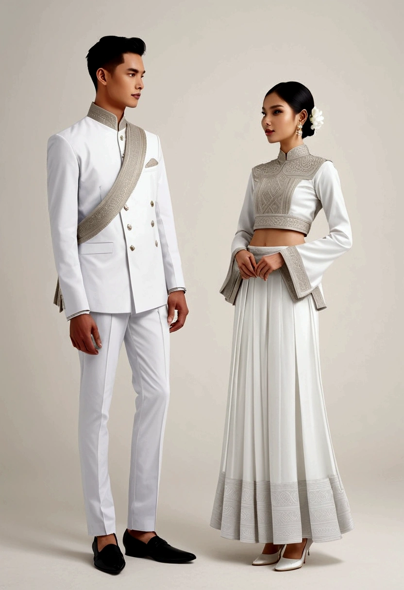 candid fashion illustration of two young man and women, adorned in a meticulously crafted North Thai traditional outfit, stands gracefully against the simple backdrop of Lanna style decoration. Their attire shimmers with intricate embroidery and white accents, each element carefully chosen to reflect the rich Lanna cultural heritage, ((showcase fashion in a Northern Thai Lanna outfits all in white)), in elegant luxury style, The man wears a simple long-sleeved white shirt with minimal details, paired with white Tailor pants, shoes, The woman complements him with white tubular skirt that is handwoven and simple patterns, ankle-length and is wrapped around the waist detail, and A fitted intricately decorated blouse that complements the skirt. Captured in a low angle, ((full-body image)), (full-body pose)), ((white studio background)), realistic color pencil lines, perfect drawing, charcoal lines, fading sketch, quick Sketch, soft light,