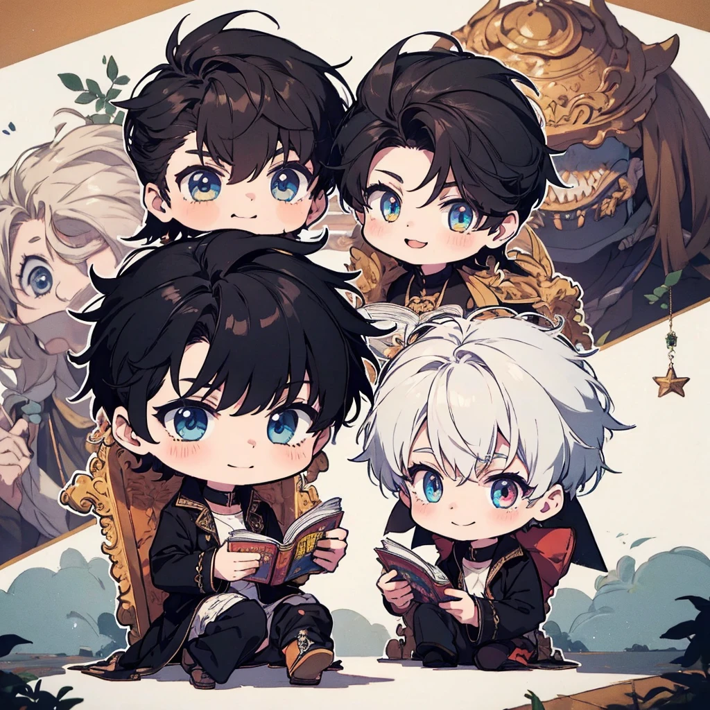 masterpiece , best quality , man , reading , chibi anime boy , smile , black hair