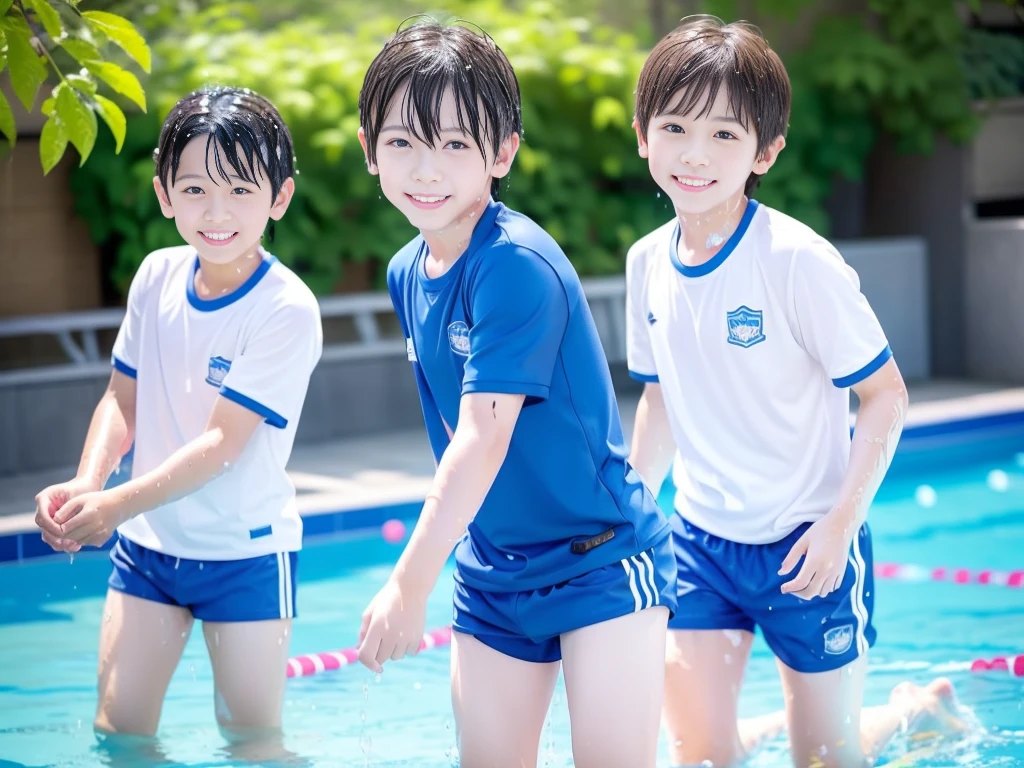 Summer vacation elementary school、Summer swimming pool、Get wet all over、Japan Boy、Glowing water splashes、Boy dripping with water、Boy playing in water、hot day、Two Boys、Various poses、Short sleeve gym uniform、Blue shorts、physical education、barefoot，Boys only 、１０age