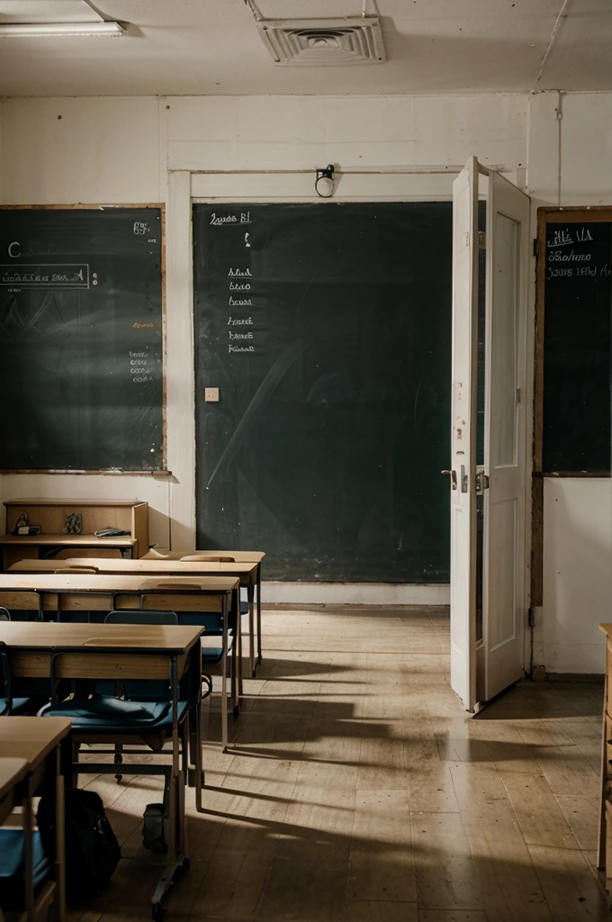 Image of an empty classroom with an old map and an open door .
different image