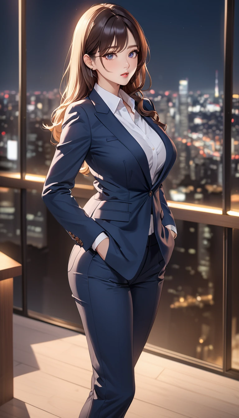 masterpiece, high resolution, beautiful woman, Korean Secretary, 30 years old, pants business suit, beautiful woman, cute, night, standing and looking at me, high resolution face, (high resolution eyes), big tits
