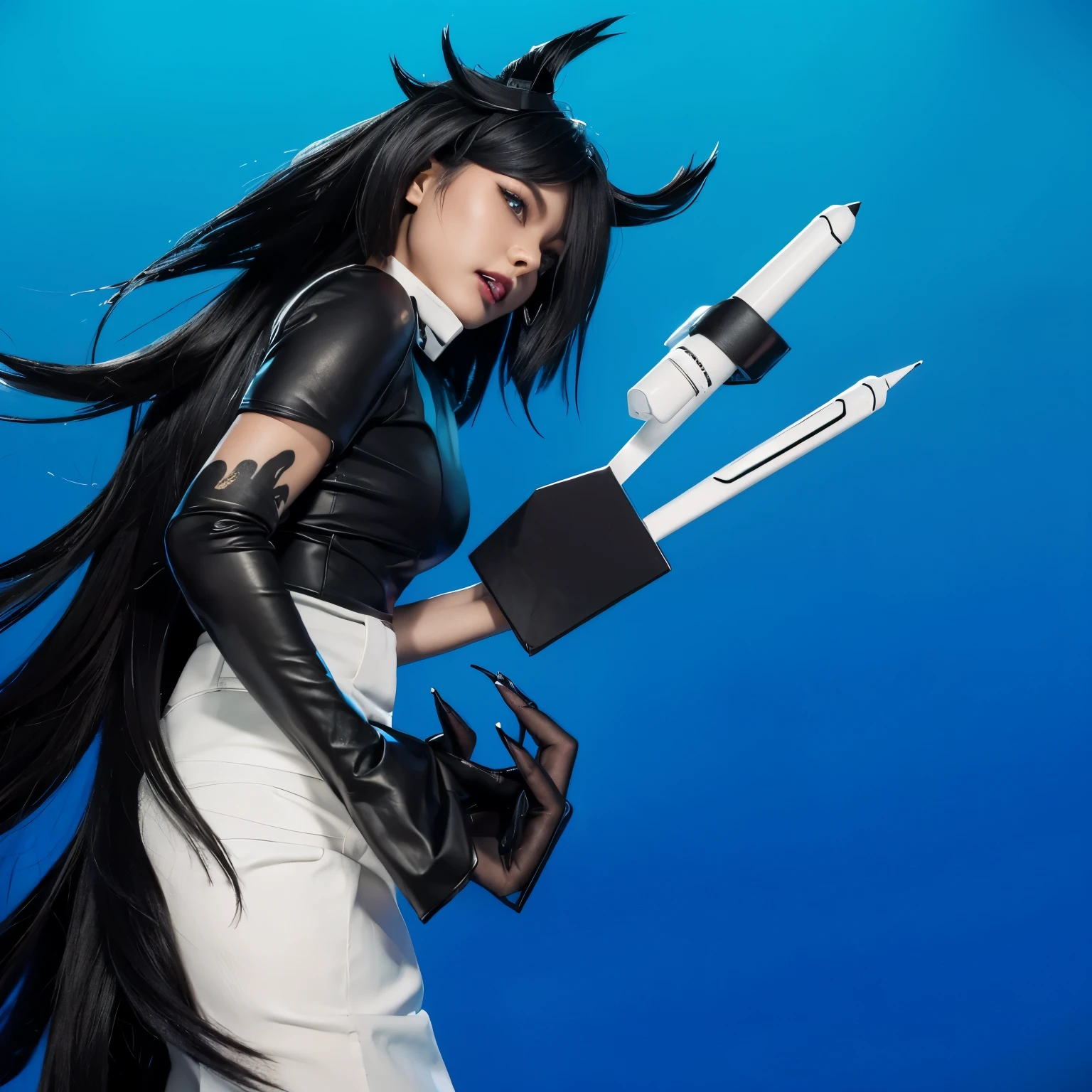 This image captures the striking beauty of an Asian female character, emphasizing her glossy, satin-like gray skin and the intricate details of her face and hair. Her long, black hair is styled dramatically with sharp, upward spikes that add an edgy aesthetic, complementing her fierce expression. Her makeup is meticulously applied, featuring dark, bold eye makeup and black lipstick that highlight her facial features, enhancing her overall stunning appearance. She wears a sleek black top with a high collar and white cuffs, matched with stylized white gloves adorned with intricate black designs, possibly tattoos, which merge seamlessly with the metallic and chrome elements in her attire. These reflective metallic details add a futuristic touch to her outfit, blending beautifully with the vivid blue background that contrasts sharply with her hair and skin tone, drawing attention to her dynamic pose and the surreal flying objects around her, which resemble stylized missiles or pens.
