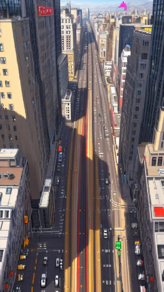 Straight road running through the center of the city, game concept, game map, pixel, pixel art, (straight road:1.2), paved road, vertical, bird's eye view, modern city, modern buildings, post-apocalypse, front projection