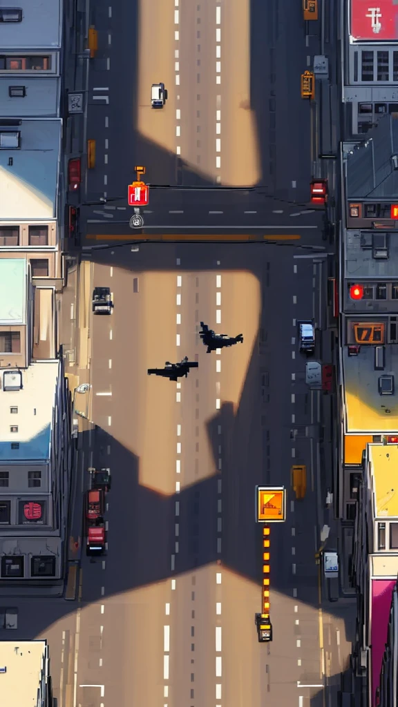 Straight road running through the center of the city, game concept, game map, pixel, pixel art, (straight road:1.2), paved road, vertical, bird's eye view, modern city, modern buildings, post-apocalypse, front projection