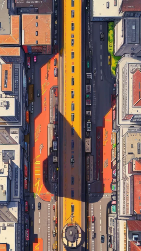 Straight road running through the center of the city, game concept, game map, pixel, pixel art, (straight road:1.2), paved road, vertical, bird's eye view, modern city, modern buildings, post-apocalypse, front projection