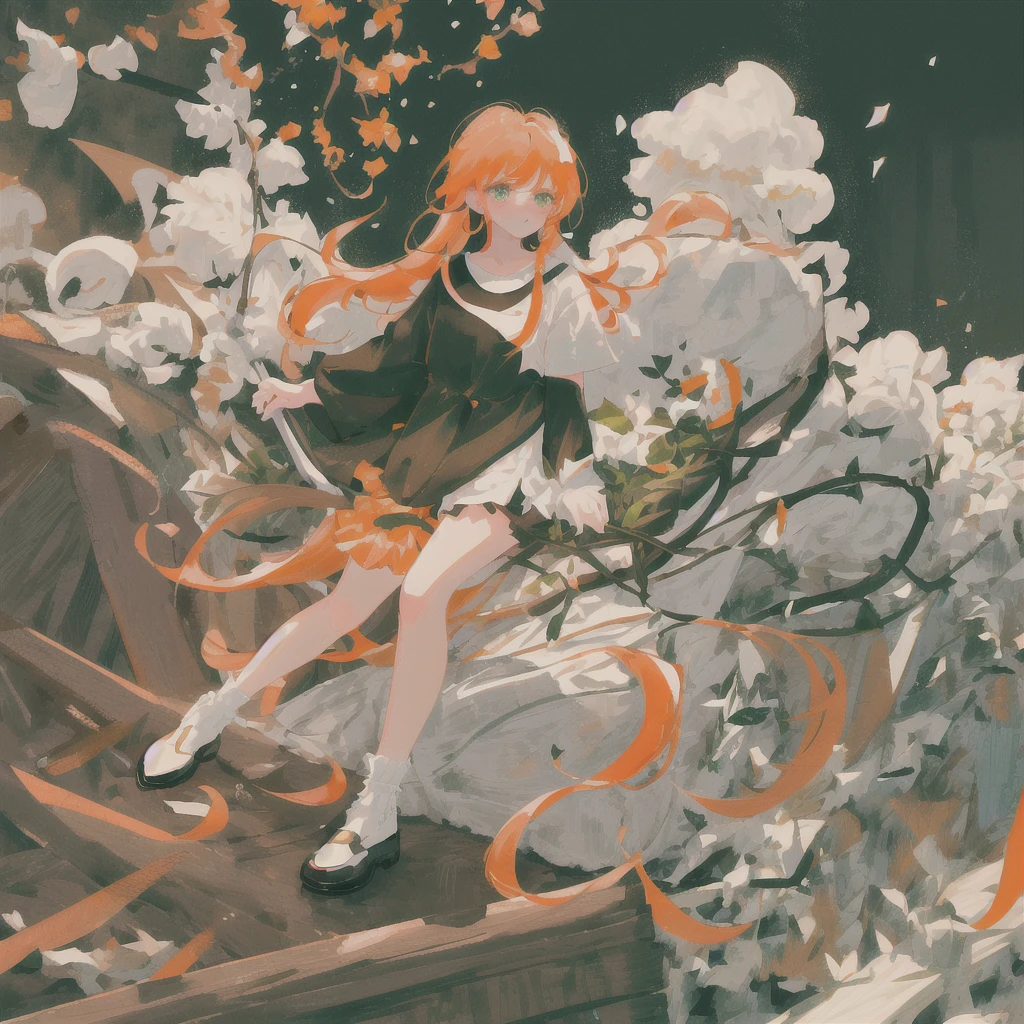 (best quality,high resolution,Beautiful and delicate eyes,White lighting:1.2),Green Eyes, Looking at the audience, Long hair, Orange Hair,leather shoes, Black footwear,White socks,Short sleeve,sports Shorts,blush, Long sleeve, Bangs, Black Hair, Orange Hair, Ruffles,playground