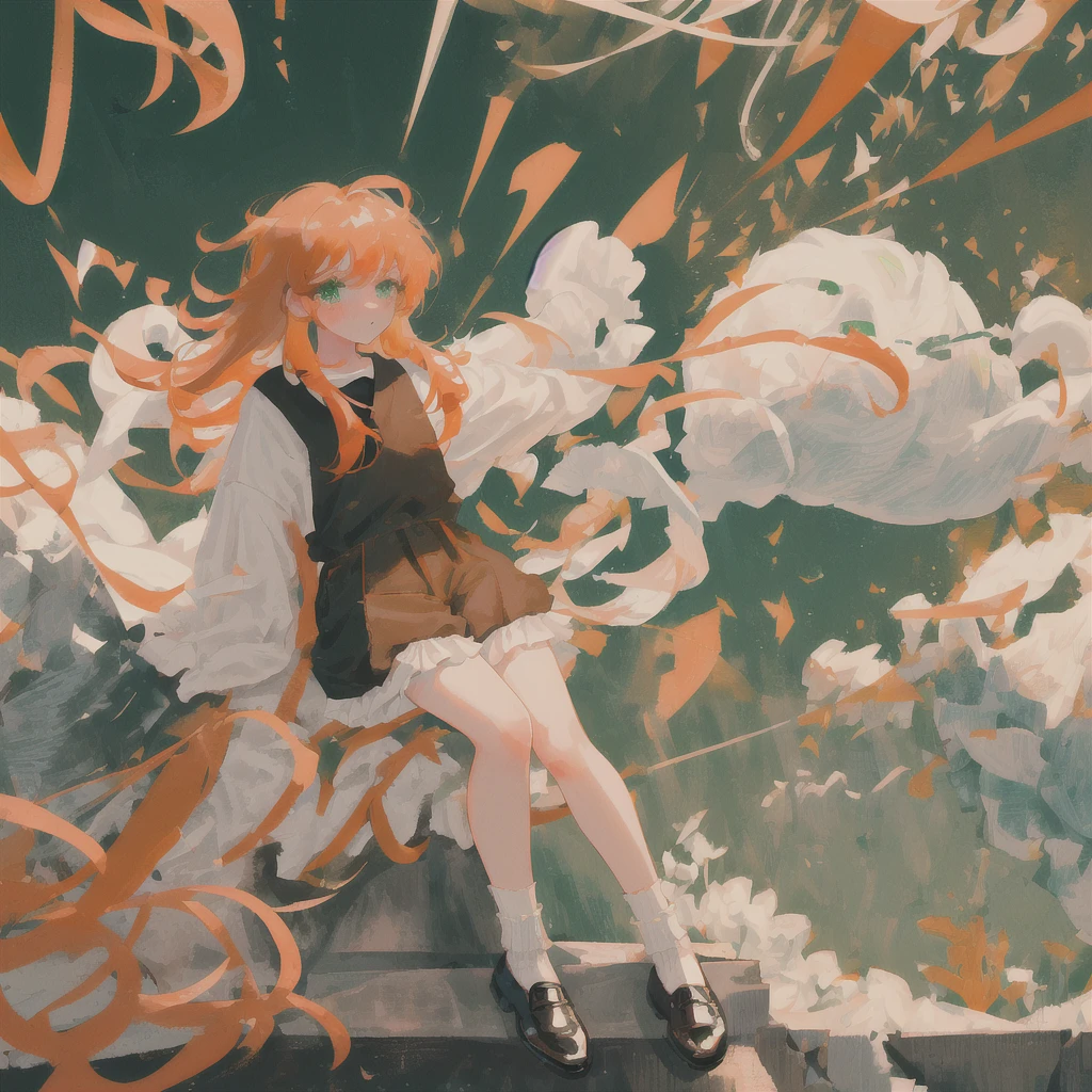 (best quality,high resolution,Beautiful and delicate eyes,White lighting:1.2),Green Eyes, Looking at the audience, Long hair, Orange Hair,leather shoes, Black footwear,White socks,Short sleeve,sports Shorts,blush, Long sleeve, Bangs, Black Hair, Orange Hair, Ruffles,playground