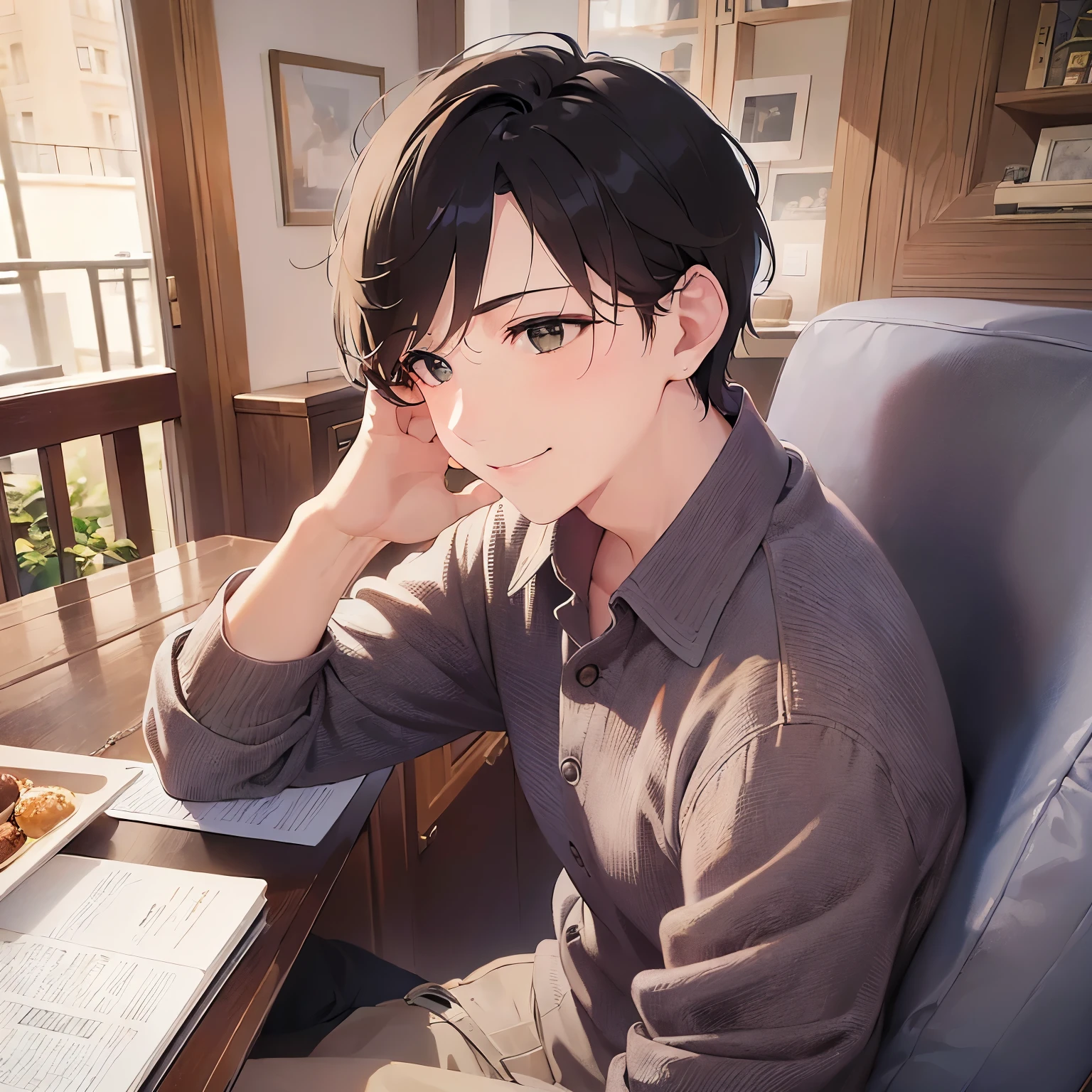 BREAK (25-year-old male:1.5) and (Mahogany brown short hair) and (Green Eyes) BREAK,(looking away:1.5)、Shooting from the front、masterpiece、Highest quality、 (smile:1.5),The background is the living room、Sitting on the couch、Wearing a collared shirt、(alone:1.5)