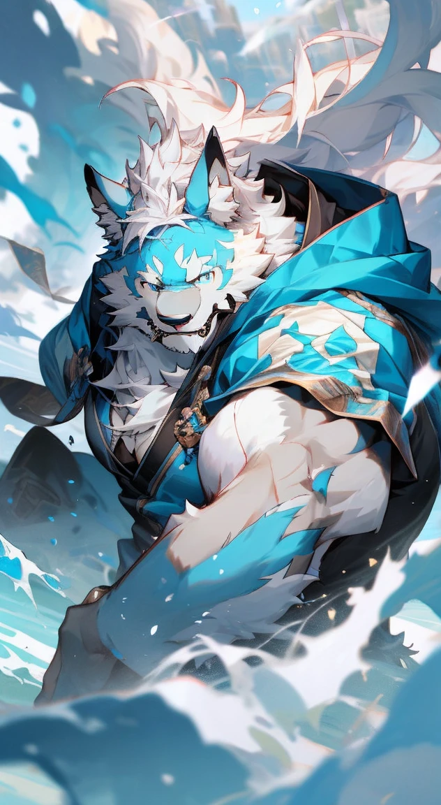 男人有dog脸， dog， White fur，Deep blue eyes ， Happy expression，Deep blue eyes， Light gray hair， Wear a black hoodie， Skin detailed， Light Blue， Droopy ears，  Deviation trend， hairy艺术， Hairy chest， hairy， hairy角色， hairy身体，hairy脖子笑了，Wearing nude，Topless