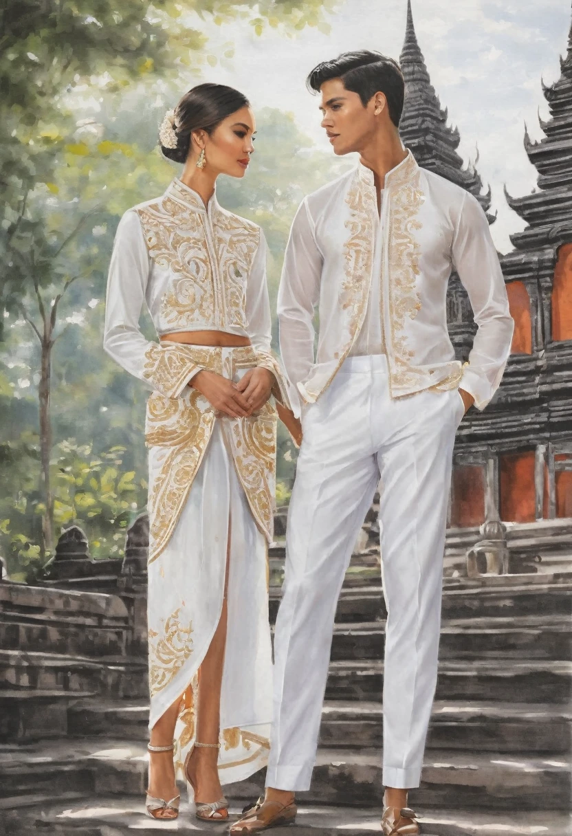 candid fashion illustration of two young man and women, adorned in a meticulously crafted North Thai traditional outfit, stands gracefully against the backdrop of the Thai temples. Their attire shimmers with intricate embroidery and white accents, each element carefully chosen to reflect the rich Lanna cultural heritage, ((showcase fashion in a Northern Thai Lanna outfits all in white)), in elegant luxury style, The man wears a simple long-sleeved white shirt with minimal details, paired with white Tailor pants, shoes, The woman complements him with white tubular skirt that is handwoven and simple patterns, ankle-length and is wrapped around the waist detail, and A fitted intricately decorated blouse that complements the skirt. Captured in a low angle, ((full-body image)), (full-body pose)), ((white studio background)), realistic color pencil lines, perfect drawing, charcoal lines, fading sketch, quick Sketch, soft light,