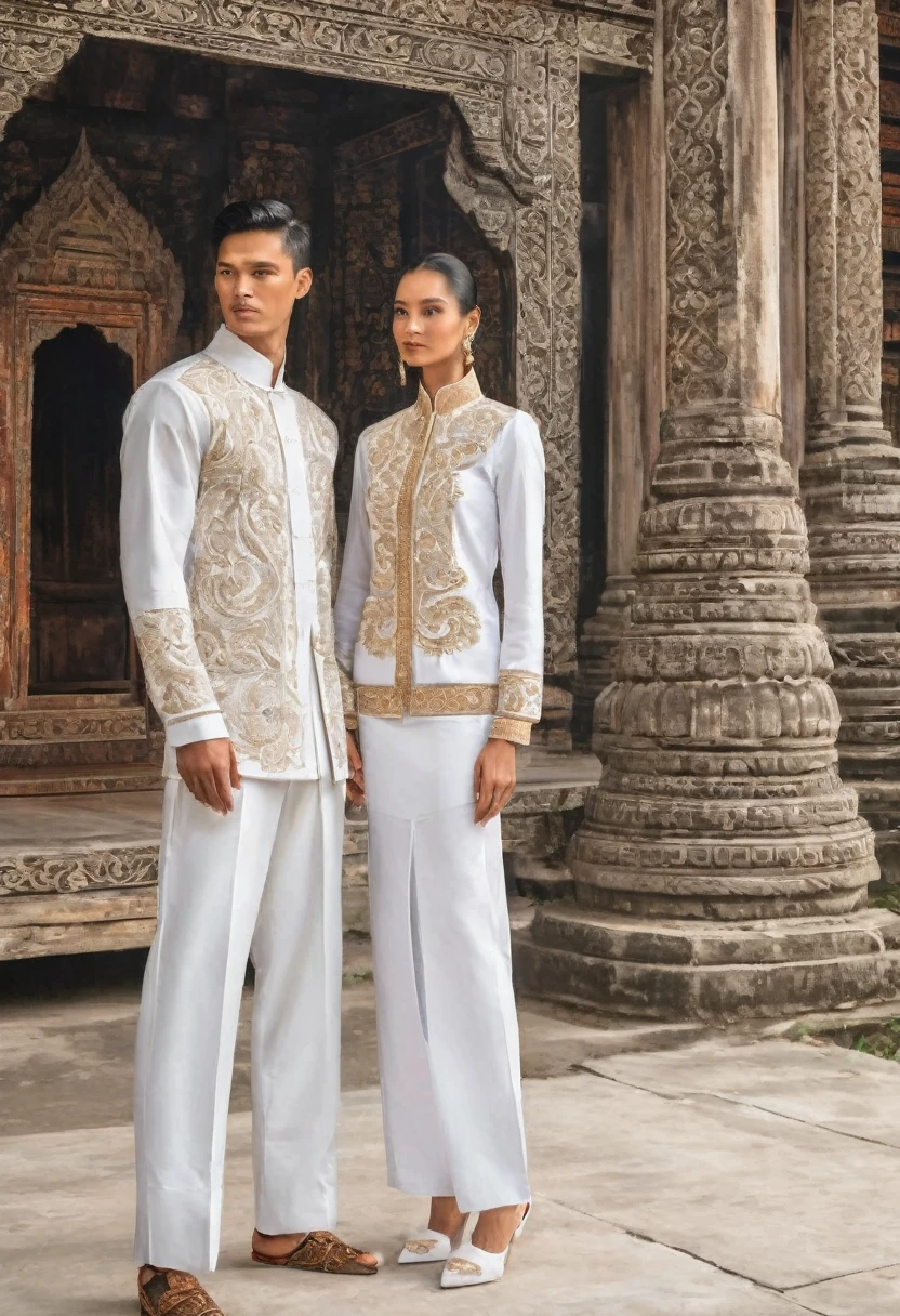 candid fashion illustration of two young man and women, adorned in a meticulously crafted North Thai traditional outfit, stands gracefully against the backdrop of the Thai temples. Their attire shimmers with intricate embroidery and white accents, each element carefully chosen to reflect the rich Lanna cultural heritage, ((showcase fashion in a Northern Thai Lanna outfits all in white)), in elegant luxury style, The man wears a simple long-sleeved white shirt with minimal details, paired with white Tailor pants, shoes, The woman complements him with white tubular skirt that is handwoven and simple patterns, ankle-length and is wrapped around the waist detail, and A fitted intricately decorated blouse that complements the skirt. Captured in a low angle, ((full-body image)), (full-body pose)), ((white studio background)), realistic color pencil lines, perfect drawing, charcoal lines, fading sketch, quick Sketch, soft light,