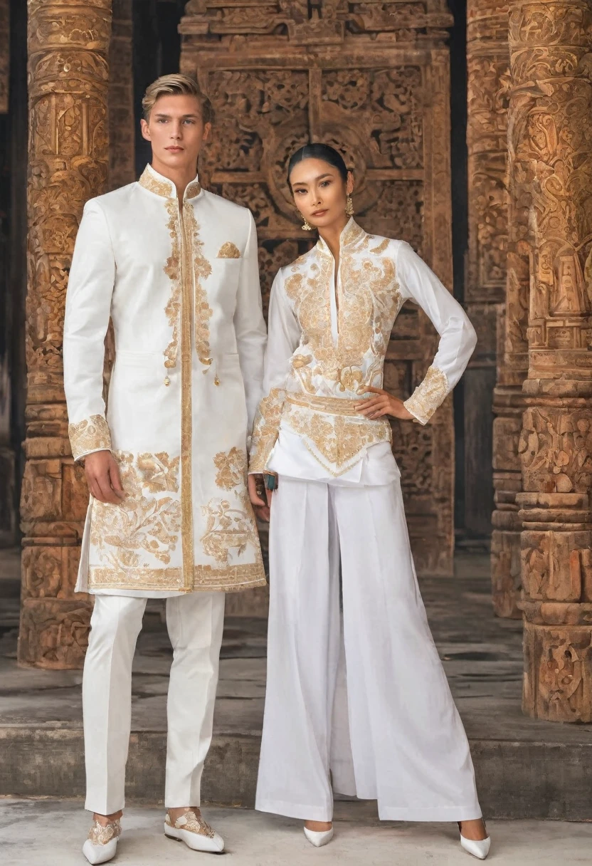 candid fashion illustration of two young man and women, adorned in a meticulously crafted North Thai traditional outfit, stands gracefully against the backdrop of the Thai temples. Their attire shimmers with intricate embroidery and white accents, each element carefully chosen to reflect the rich Lanna cultural heritage, ((showcase fashion in a Northern Thai Lanna outfits all in white)), in elegant luxury style, The man wears a simple long-sleeved white shirt with minimal details, paired with white Tailor pants, shoes, The woman complements him with white tubular skirt that is handwoven and simple patterns, ankle-length and is wrapped around the waist detail, and A fitted intricately decorated blouse that complements the skirt. Captured in a low angle, ((full-body image)), (full-body pose)), ((white studio background)), realistic color pencil lines, perfect drawing, charcoal lines, fading sketch, quick Sketch, soft light,