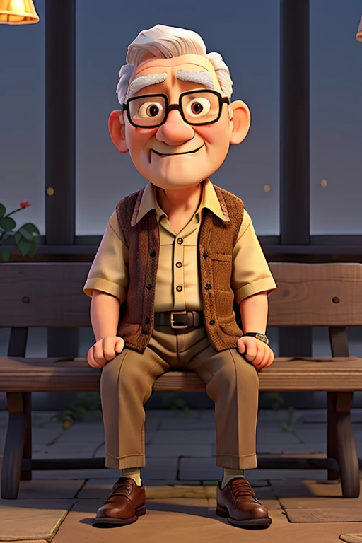 An old man dressed in a dogfish shirt, brown pants and black shoes, is sitting on a bench near the windows of the fair. His figure is illuminated by the light of the lamp, against the dark and lively background of the fair. Your eyes explore the world outside, with an expression of wisdom and calm. His billowy shirt reflects the antiquity and history he brings with him., while his black shoes give him a solid and reliable air.