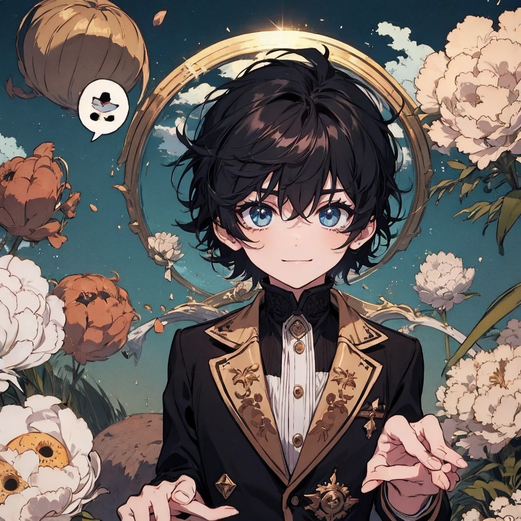 masterpiece , best quality , man , reading , chibi anime boy , smile , black hair