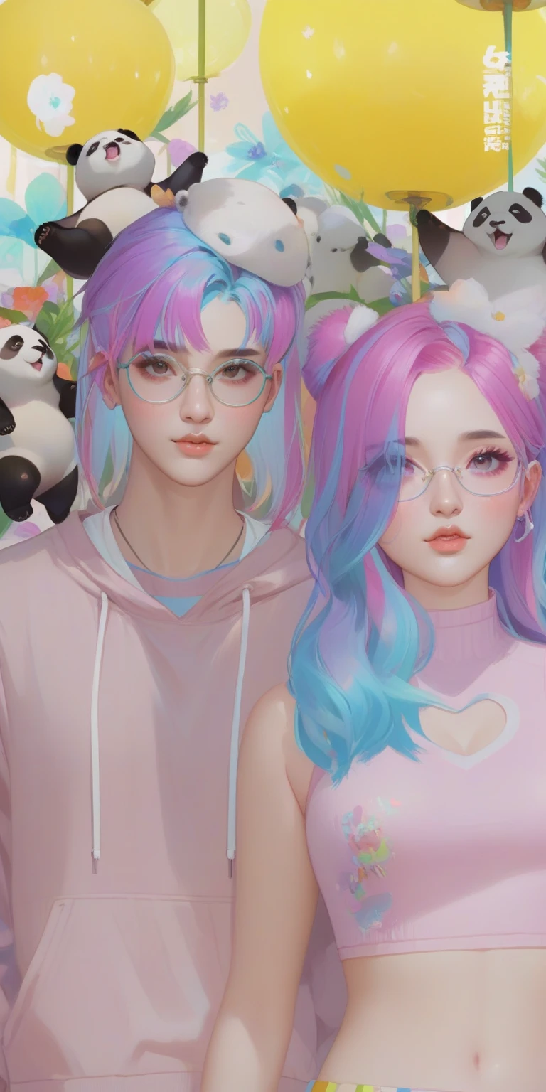 there are two people with colorful hair and panda bears behind them, inspired by Sim Sa-jeong, realism artstyle, kawaii realistic portrait, realistic artstyle, aesthetic!!!!!!!!!!, kda and sam yang, pastel goth aesthetic, the sims 4 texture, artwork in the style of guweiz, aesthetic!!!!, hyperrealistic aesthetic, very aesthetic!!!!!!