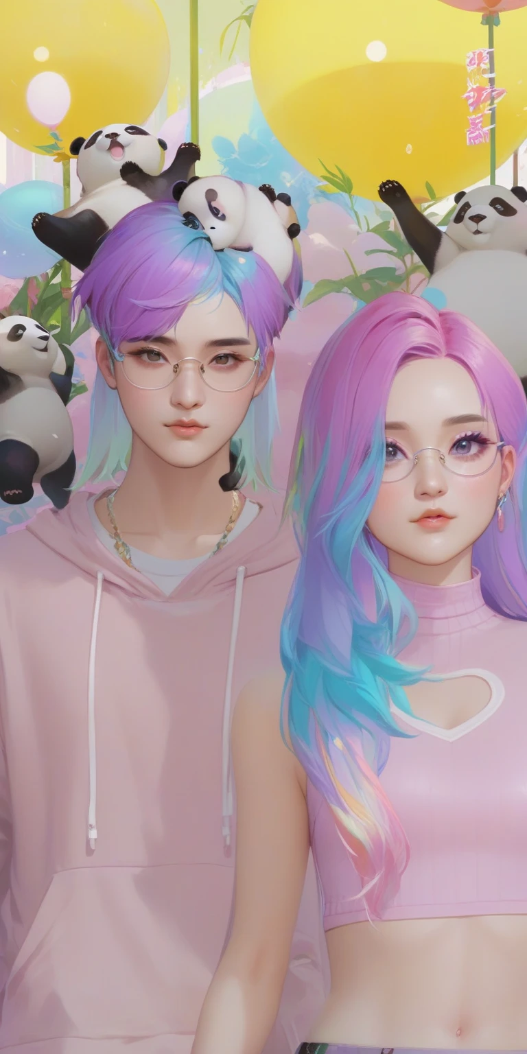there are two people with colorful hair and panda bears behind them, inspired by Sim Sa-jeong, realism artstyle, kawaii realistic portrait, realistic artstyle, aesthetic!!!!!!!!!!, kda and sam yang, pastel goth aesthetic, the sims 4 texture, artwork in the style of guweiz, aesthetic!!!!, hyperrealistic aesthetic, very aesthetic!!!!!!