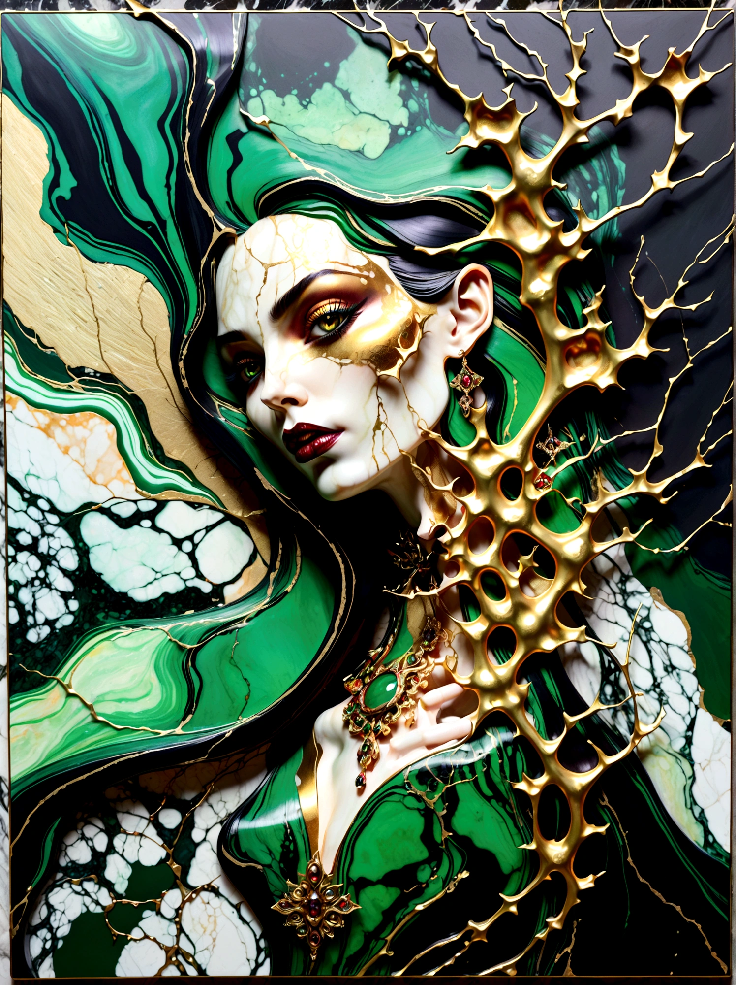 a beautiful illustration of a vampire woman made from an abstract marble texture, with colors of black, green and gold, highly detailed, intricate design, marble material, BY Anne Bachelier,