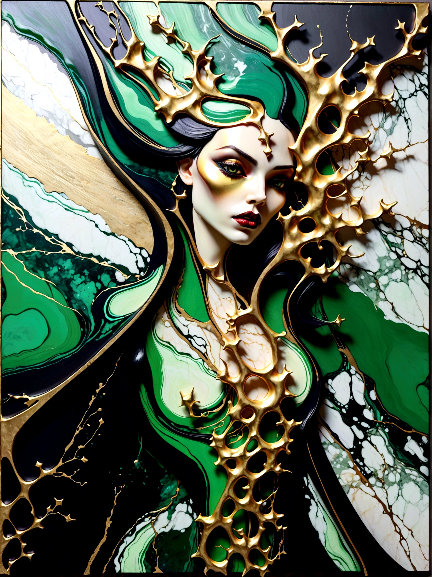 a beautiful illustration of a vampire woman made from an abstract marble texture, with colors of black, green and gold, highly detailed, intricate design, marble material, BY Anne Bachelier,