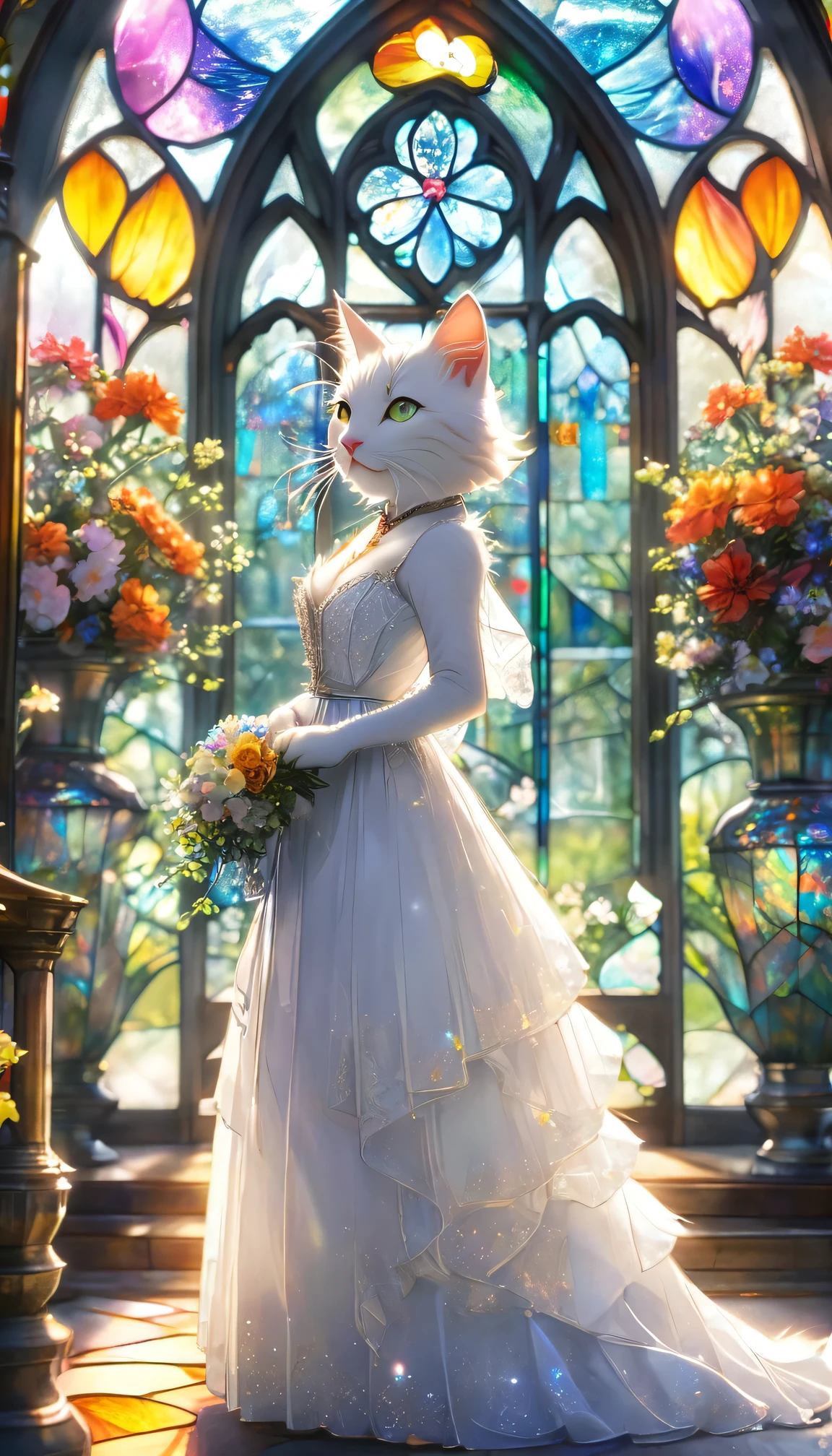 A cat in a white dress is having a wedding。The stained glass chapel in the background。