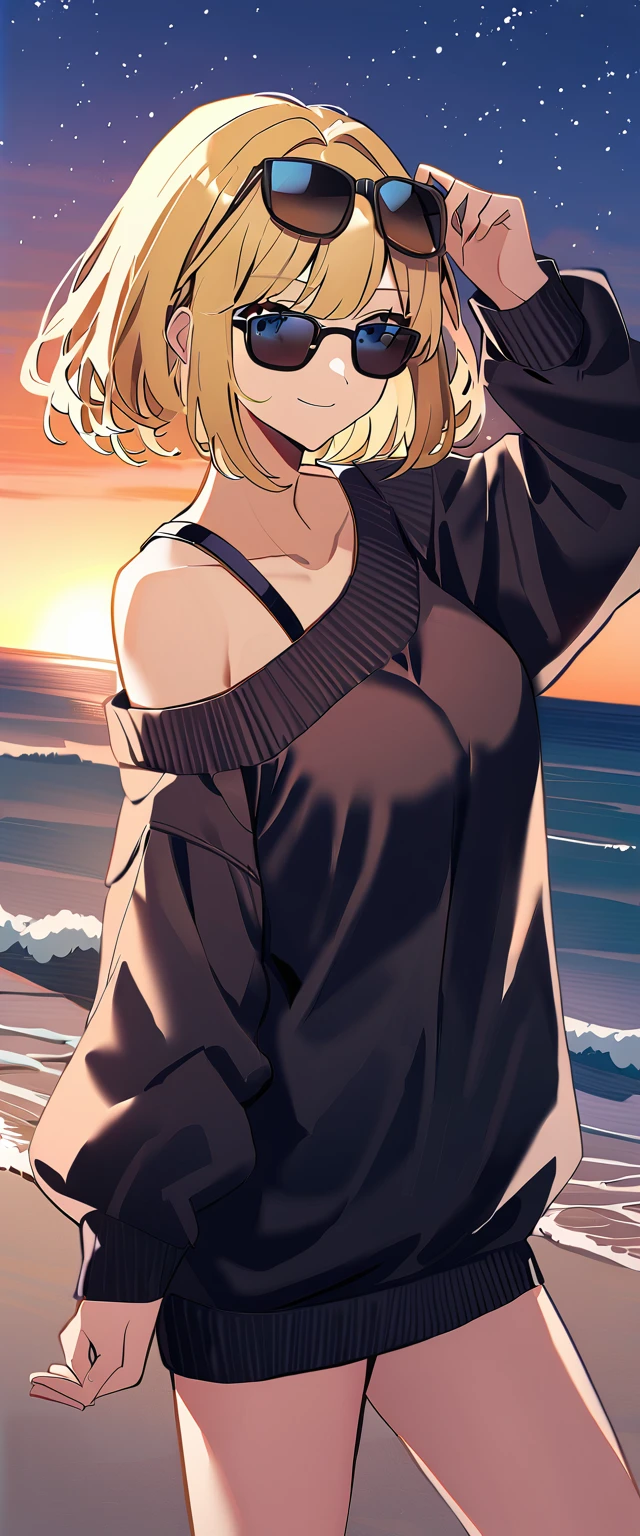 ((sea, beach)), bare legs, ((starly sky)), (((sunglasses, hand to sunglasses))), (((cowboy shot))), ((wavy hair, inward curled hair)), evening, ((Sunset)), ((blond hair, bob cut:1.3)), breasts, teenager, (looking at viewer), oversized clothes, puffy long sleeves, ((off-shoulder sweater:1.3, Quite thick shoulder straps)), ((black sweater)), collarbone, head tilt:1.3, (((blue eyes))), ((happy smile)), (((anime style))), (best quality, 4K, 8K, highres, masterpiece:1.2, ultra-detailed, ultra-detailed eyes, HDR, uhd, studio lighting, ultra-fine painting, sharp focus, physically-based rendering, extreme detail description, professional, vivid colors, bokeh)