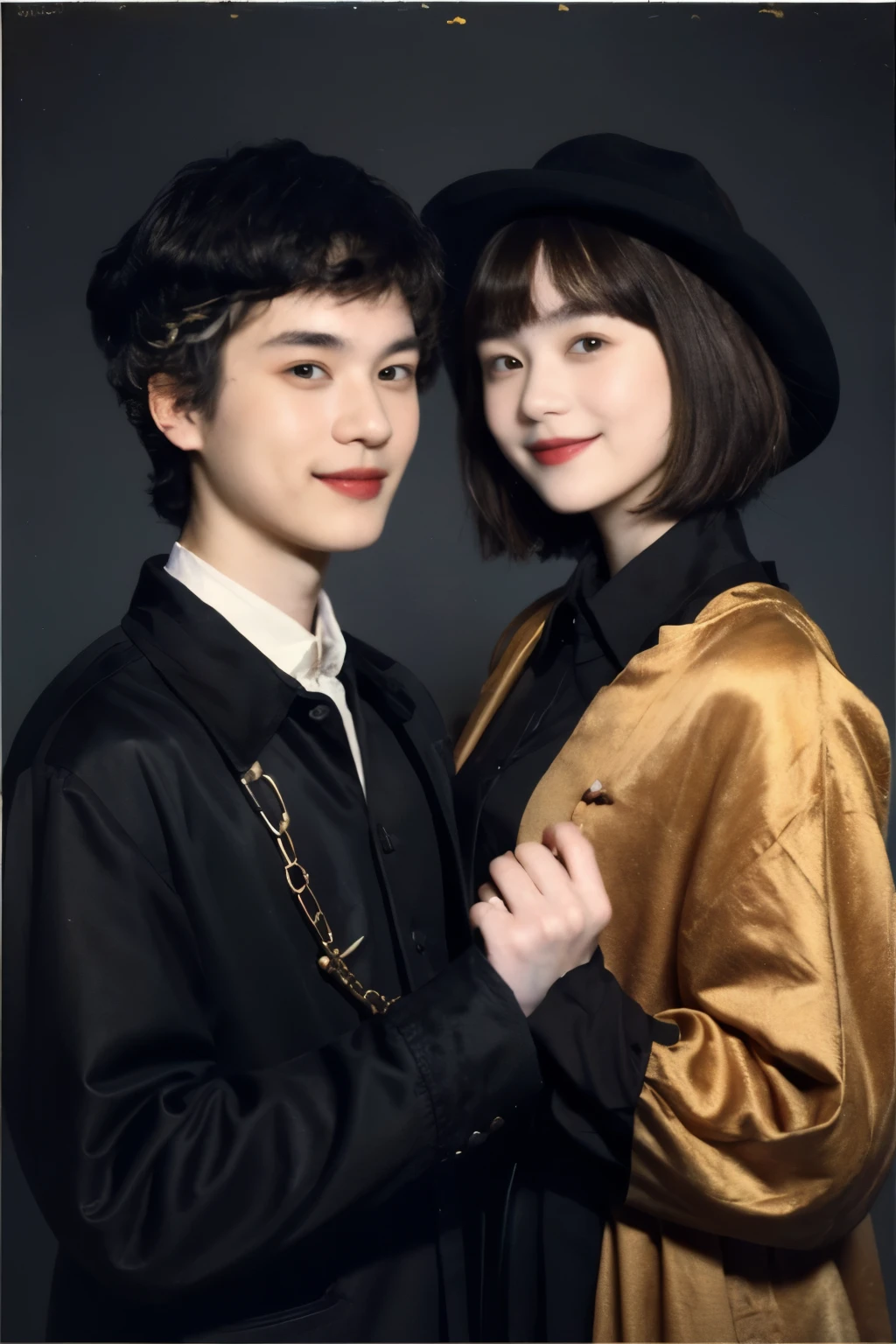 252 (An 18-year-old female and an 18-year-old male), (short hair),kind, lipstick, (Rembrandt-style painting), smile