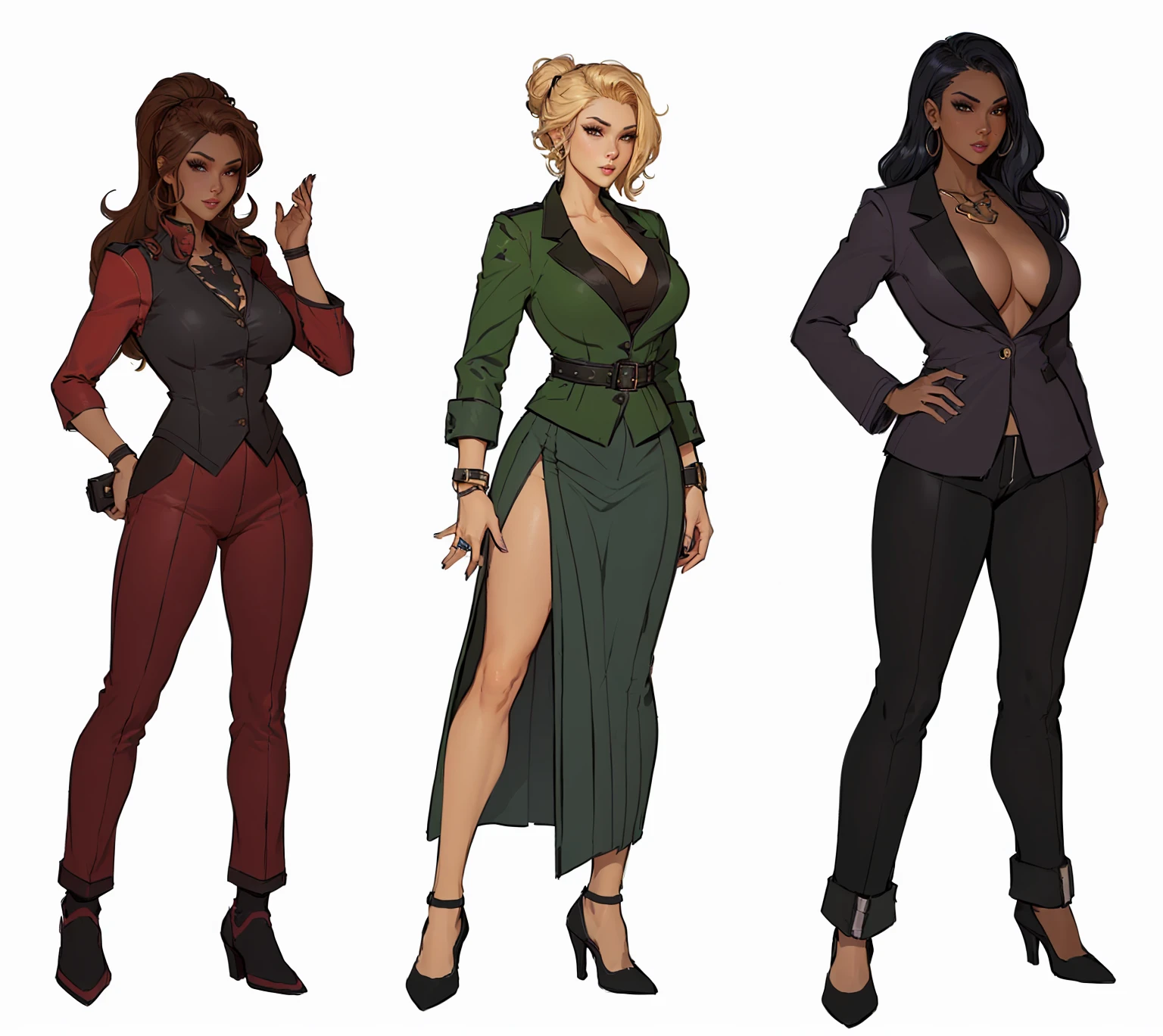 three cartoon women in different outfits standing next to each other, outfit designs, diverse outfits, character designs, several character designs, comic character design, d & d style full body portrait, human game protagonist designs, full character design, character concepts, full character concept art, full body character concept art, female superhero proportions, full body character design, female lead character