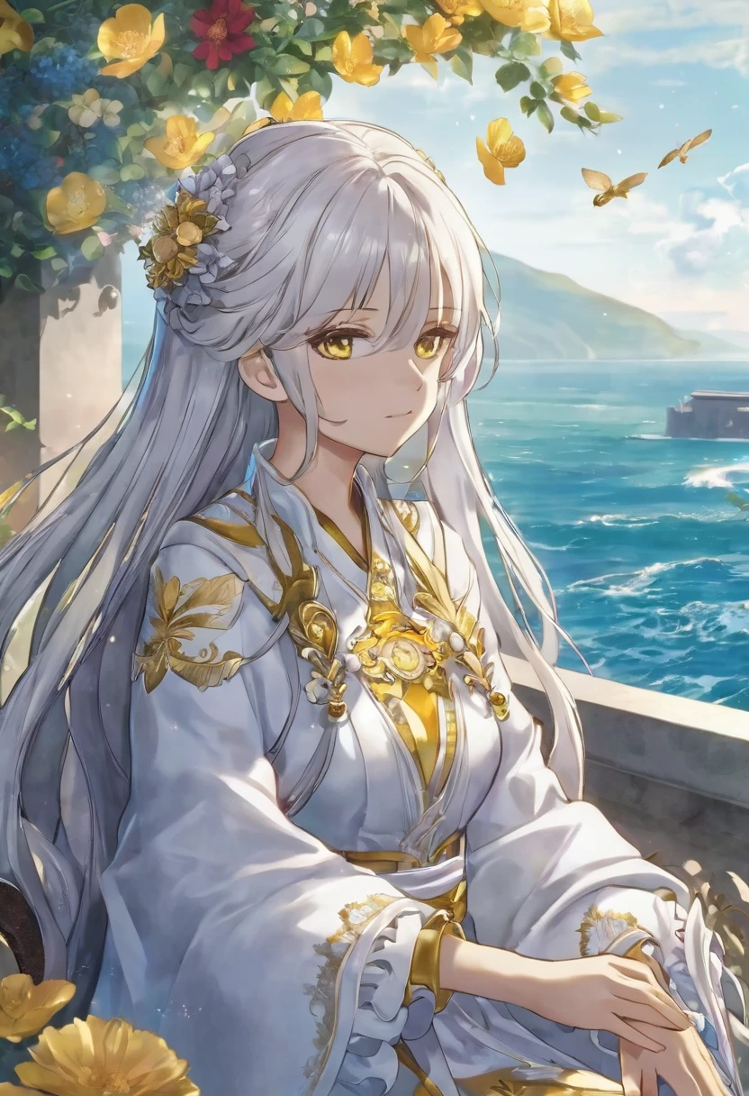 Take a seat by the ocean, She must have long white hair and a very pretty hairstyle., first the king, eyes like honey, cute boku no hero style clothes with gold details, She must be alone and with flowers on her arm as if it were a curse,