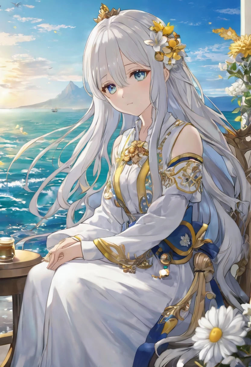 Take a seat by the ocean, She must have long white hair and a very pretty hairstyle., first the king, eyes like honey, cute boku no hero style clothes with gold details, She must be alone and with flowers on her arm as if it were a curse,