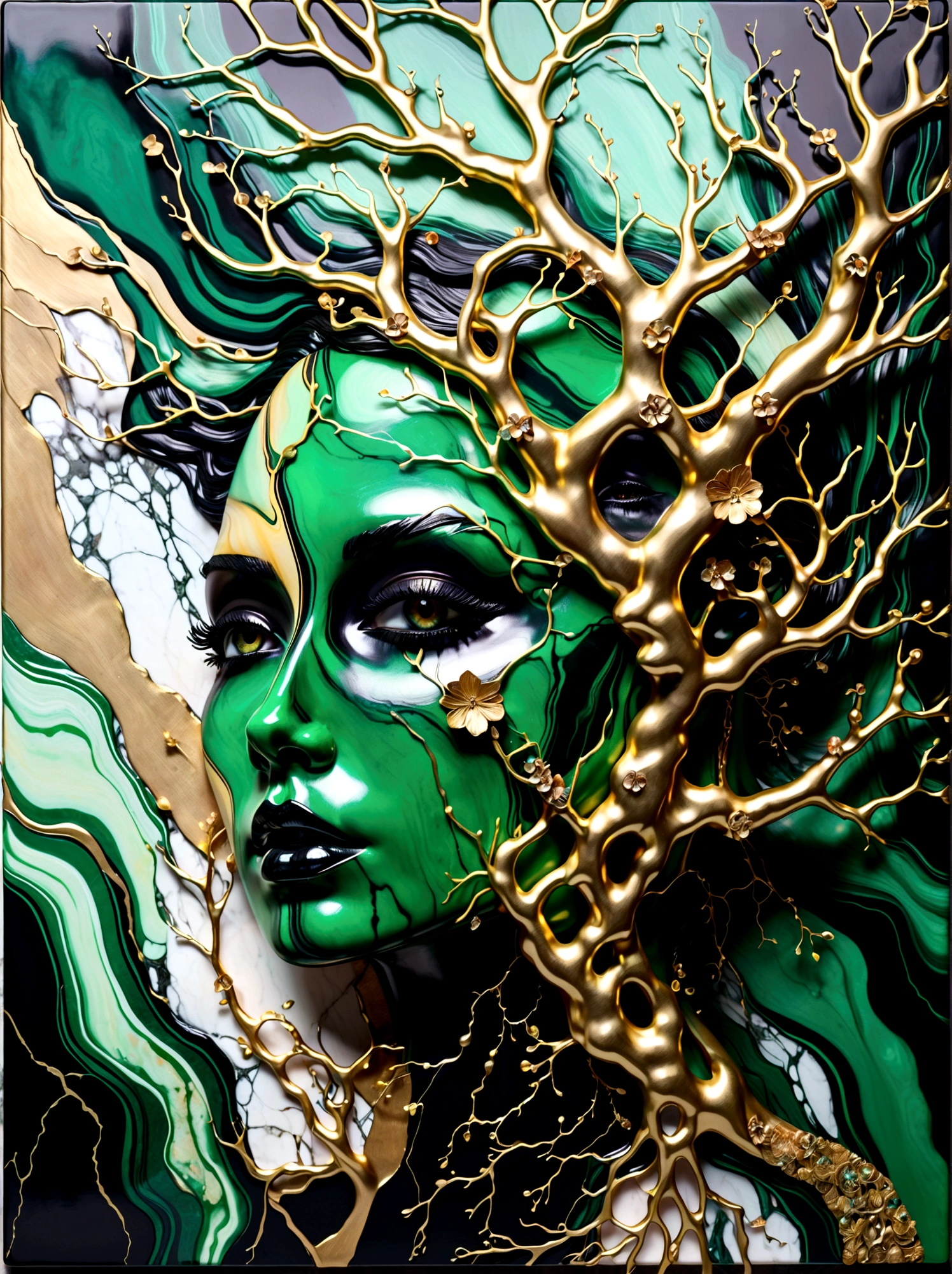 a beautiful portrait of a woman with the tree of life flowing from her head in an abstract marble texture, with colors of obsidian black, shiny gold, and emerald green, highly detailed, intricate design, BY Anne Bachelier,
