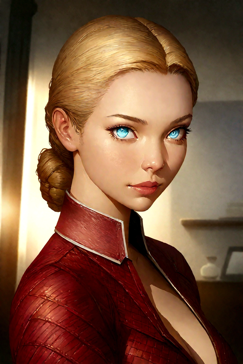 nude,as Kristanna Loken T-X, Kristann Loken face, ultra-detailed, realistic, realistic face, perfect face, perfect nose, detailed hair, blond collected office hairstyle, detailed eyes, (best quality), in bedroom, masterpiece, ultra-detailed, uhd, high resolution, (rim lighting:1.2), two tone lighting, hyperdetailed, (artstation:1.4), cinematic, dramatic light,