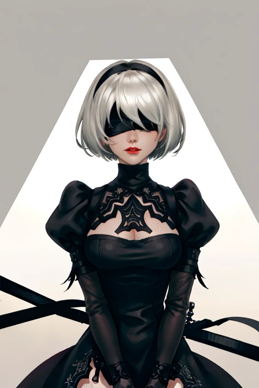 yorha no. 2 Type B, One Girl, Wow, (Blindfold), chest, chestの谷間, chestの谷間 cutout, Clothing cutouts, Cowboy Shot, Geometric background, Hair between the eyes, hair band, High resolution, Juliet Sleeve, Long sleeve, Nier (series), Nier Automata, Puffy sleeves, Red lips, Shadowed face, short hair, alone, turtleneck, Upper Body, Gray Hair, Sky Porn, Strokes