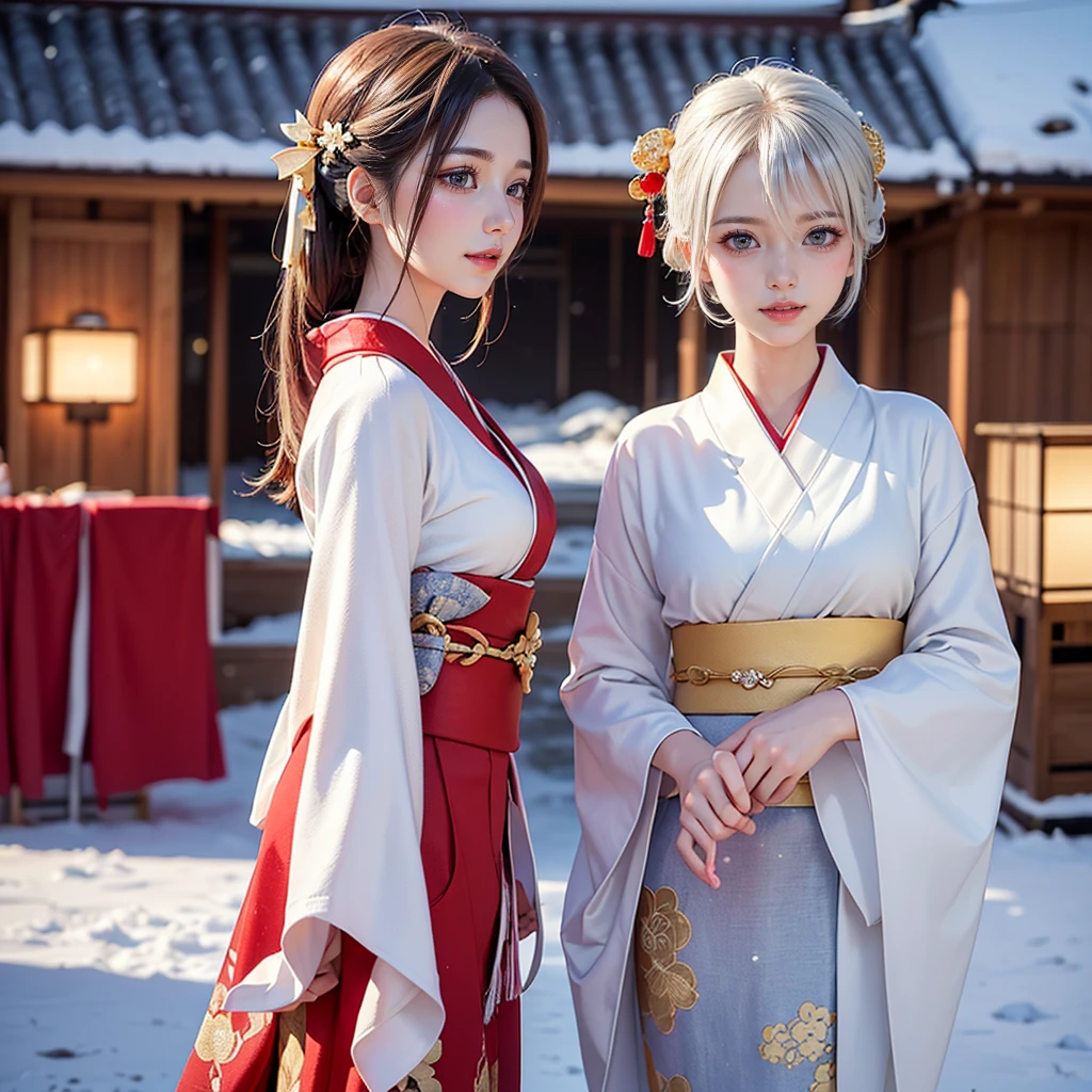 ((8K, RAW Photos, Highest quality, masterpiece)),((Showing the kimono from the obi up：1.5)), High-resolution RAW color photos、

Professional close-up photography, (Realistic, フォトrealism: 1.37), 

(Highest quality), (Best Shadow), (Best illustrations),

High-quality images、Skin Radiance、Texture of skin and clothing、

Expression of fine eyes、Shiny Hair,Long Hair Girl, Manga inspired by Lee Jong-suk, 

Trending on deviantart, realism, detailed manga style, Manga art style,

Perfect Line Drawing, Beautiful line art, digital manga art girl, K-POPアイドル,

 Beautiful brown eyes, Fuller lips, Gorgeous face with attention to detail, 

(Cute Smile), attractive, Innocent, (Perfectly detailed face), 

(Detailed and carefully drawn hand) Photorealistic images, Written boundary depth, 

(Japanese style princess cut hairstyle:1.5), 

best quality, masterpiece, New Year, 

((Kimono with strikingly beautiful colorful colors, red, Silver, gold:1.7)), 

Three Japanese high-school cute girls, ((looking straight:1.7)), ((Facing forward:1.7))

gently smiling, 

((upper arms hidden by clothes and hair:1.5)),

(innocent and pure high-school-girls:1.7)

((white short scarf:1.2)), ((white feather shawl:1.2)), 

(separately side by side:1.5), 

shrine background, (mount Fuji:1.3), ((snow))

winter(season), (outdoors:1.5)