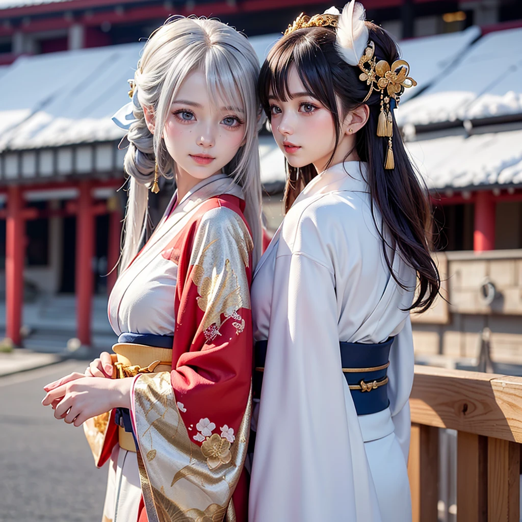 ((8K, RAW Photos, Highest quality, masterpiece)),((Showing the kimono from the obi up：1.5)), High-resolution RAW color photos、

Professional close-up photography, (Realistic, フォトrealism: 1.37), 

(Highest quality), (Best Shadow), (Best illustrations),

High-quality images、Skin Radiance、Texture of skin and clothing、

Expression of fine eyes、Shiny Hair,Long Hair Girl, Manga inspired by Lee Jong-suk, 

Trending on deviantart, realism, detailed manga style, Manga art style,

Perfect Line Drawing, Beautiful line art, digital manga art girl, K-POPアイドル,

 Beautiful brown eyes, Fuller lips, Gorgeous face with attention to detail, 

(Cute Smile), attractive, Innocent, (Perfectly detailed face), 

(Detailed and carefully drawn hand) Photorealistic images, Written boundary depth, 

(Japanese style princess cut hairstyle:1.5), 

best quality, masterpiece, New Year, 

((Kimono with strikingly beautiful colorful colors, red, Silver, gold:1.7)), 

Three Japanese high-school cute girls, ((looking straight:1.7)), ((Facing forward:1.7))

gently smiling, 

((upper arms hidden by clothes and hair:1.5)),

(innocent and pure high-school-girls:1.7)

((white short scarf:1.2)), ((white feather shawl:1.2)), 

(separately side by side:1.5), 

shrine background, (mount Fuji:1.3), ((snow))

winter(season), (outdoors:1.5)
