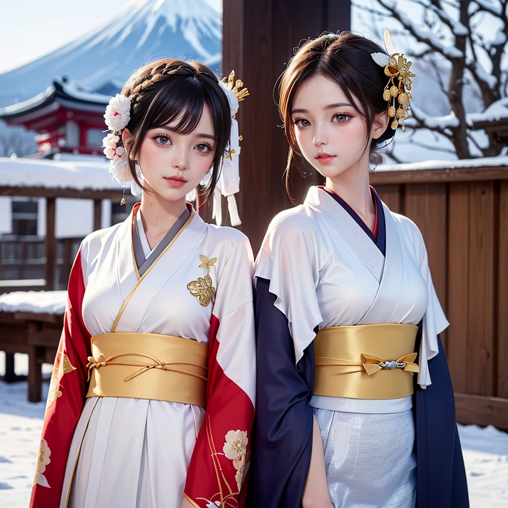 ((8K, RAW Photos, Highest quality, masterpiece)),((Showing the kimono from the obi up:1.5)), High-resolution RAW color photos、
Professional close-up photography, (Realistic, フォトrealism: 1.37),
(Highest quality), (Best Shadow), (Best illustrations),
High-quality images、Skin Radiance、Texture of skin and clothing、
Expression of fine eyes、Shiny Hair,Long Hair Girl, Manga inspired by Lee Jong-suk,
Trending on deviantart, realism, detailed manga style, Manga art style,
Perfect Line Drawing, Beautiful line art, digital manga art girl, K-POPアイドル,
Beautiful brown eyes, Fuller lips, Gorgeous face with attention to detail,
(Cute Smile), attractive, Innocent, (Perfectly detailed face),
(Detailed and carefully drawn hand) Photorealistic images, Written boundary depth,
(Japanese style princess cut hairstyle:1.5),
best quality, masterpiece, New Year,
((Kimono with strikingly beautiful colorful colors, red, Silver, gold:1.7)),
Three Japanese high-school cute girls, ((looking straight:1.7)), ((Facing forward:1.7))
gently smiling,
((upper arms hidden by clothes and hair:1.5)),
(innocent and pure high-school-girls:1.7)
((white short scarf:1.2)), ((white feather shawl:1.2)),
(separately side by side:1.5),
shrine background, (mount Fuji:1.3), ((snow))
winter(season), (outdoors:1.5)