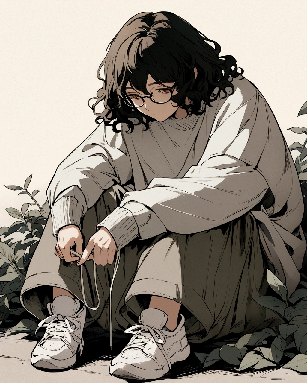 A digital illustration of a young boy with wavy hair, wearing glasses. He is dressed in a loose, oversized sweater and baggy pants, both in neutral tones. The boy is sitting on the ground with his legs folded, and he is tying the laces of his white sneakers. The background is plain and minimalistic, enhancing the focus on the character. The overall style is soft and slightly muted, giving the image a calm and introspective feel."